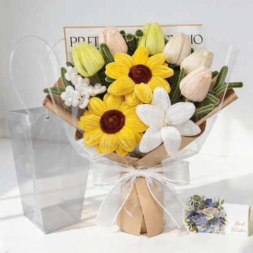 Handmade Pipe Cleaner & Crochet Flower Bouquet Set – Plush Floral Arrangement